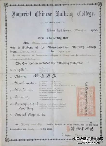 “中华帝国铁路学院”毕业文凭