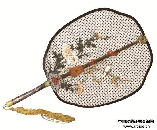 （清）象牙编织嵌象牙染雕花花鸟画珐琅柄扇