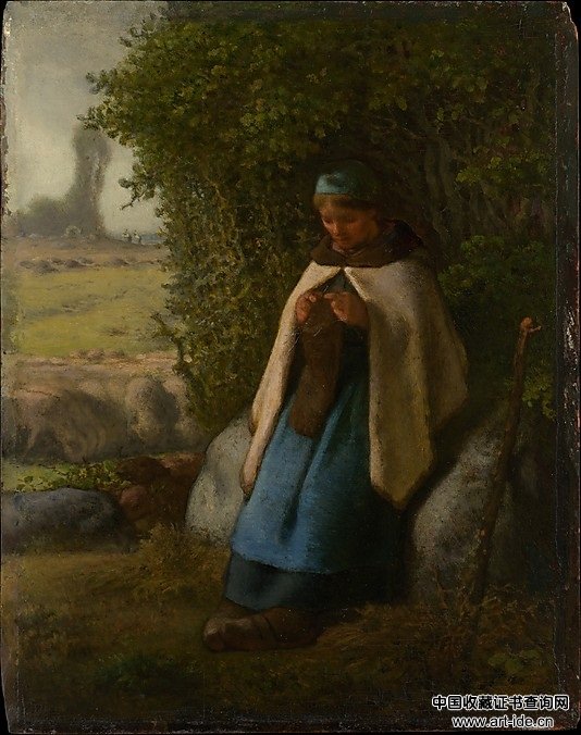 坐在岩石上的牧羊女（米勒画作欣赏）